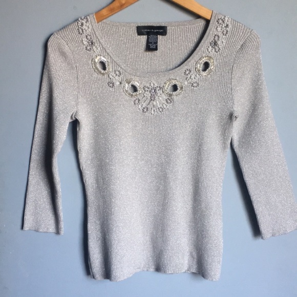 CABLE & GAUGE Beaded Ribbed Sparkle Sweater - Picture 1 of 5